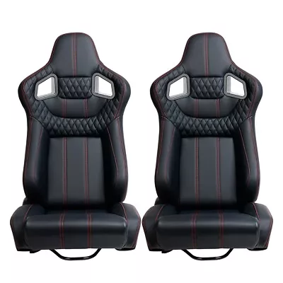 Universal Car Racing Seats Pair PU Leather Reclinable Bucket Seats Black & Red • $275.99