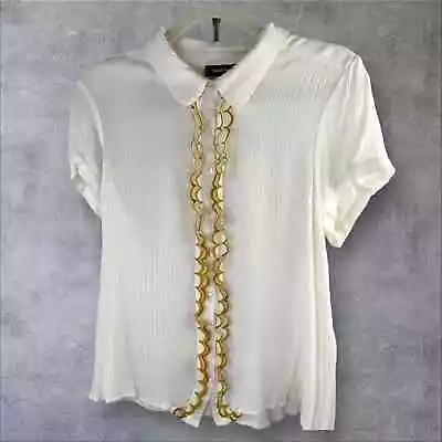 ModCloth Ivory Ruffle Front Button Down Blouse Size XL Vintage Inspired Retro • $28