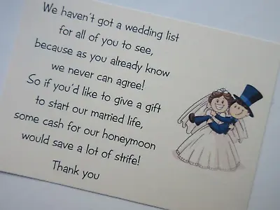 50 Wedding Poem Cards White/Ivory Amusing Bride & Groom Money Gift Honeymoon • £4.25