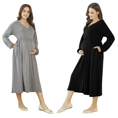 Womens Maternity Nightdress Pregnancy Nightgown Long Sleeves Pajama Sleepwear UK • £27.42