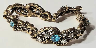 Vintage Ornate Coro Blue & Clear Rhinestone Bracelet Gold Tone 7  • $19.95