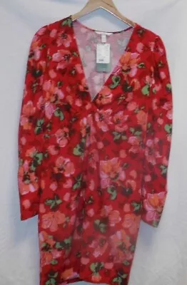 Woman Dress New With Tag H&M Red With Flower Pattern Colour Size L CG E08 • £7.99