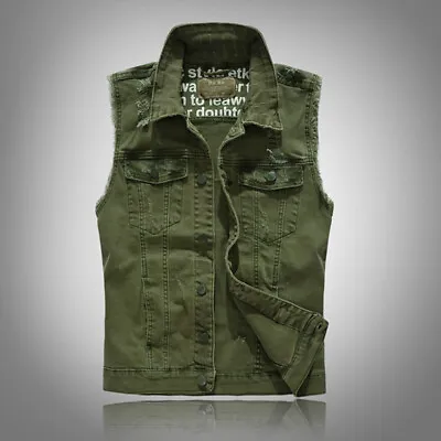 Men's Distressed Ripped Denim Gilet Waistcoat Jeans Vest Jacket Retro Punk Club • $52.24