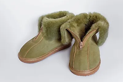 Men's Women's Sheepskin Zipper Slippers 100% Real Fur Hand Crafted HARD SOLE • £59.99