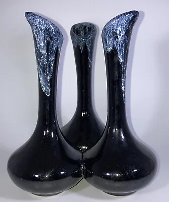 Van Briggle MCM Triple Bud Vase Black With White Drip Glaze 7” Tall Signed • $39.99