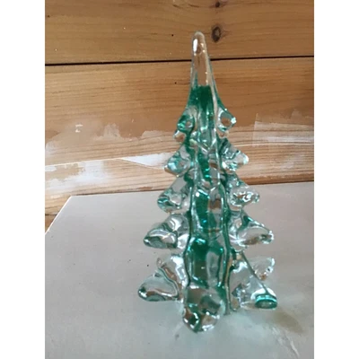 $25 • Buy Vintage Christmas Tree Crystal Clear / Green Glass Pine Tree 6”tall