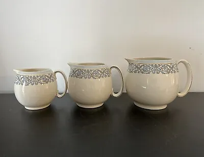 J&G Meakin Sol Jugs Blue Patterned Gilt Detail Round Trio Three Sizes X3 • £25