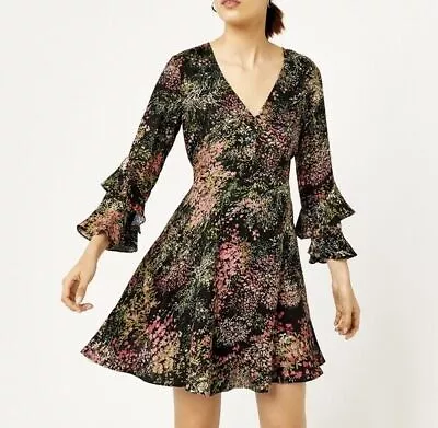 WAREHOUSE Black Multi Wild Floral Print Tea Dress Fluted Sleeves Size 8 • £3.99