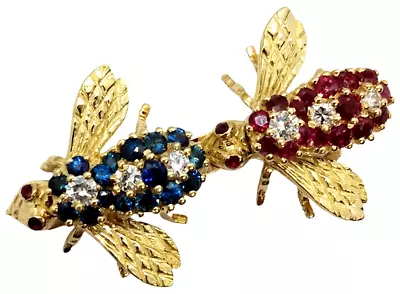 Elegant Vintage Diamond Ruby Sapphire 18K Gold Double Bee Brooch Pin Retro • $4900