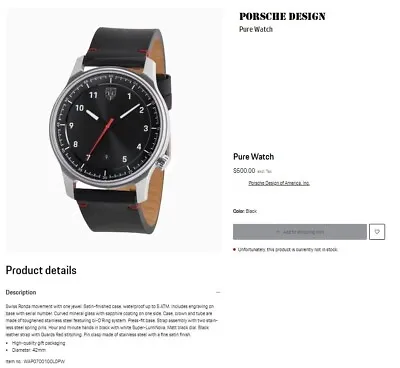 Authentic Porsche Design Pure Watch Stainless Black Leather • $500