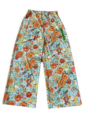 ZARA Flowy Floral Boho Printed Pants Size M Orange Flowers On Blue Background • $19.99