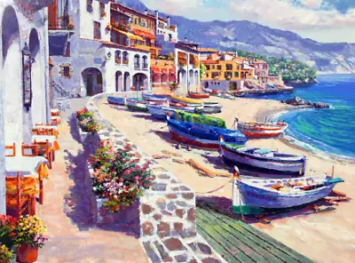 Boats Of Calella Mediterranean Café Ocean Spain Ceramic Tile Mural Backsplash • $179