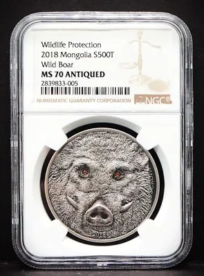 2018 Mongolia 500T Wildlife Protection Wild Boar 1oz Silver Coin NGC MS70 • $109