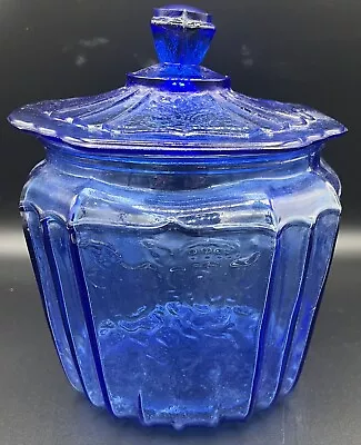 Cobalt Blue Glass Biscuit Cookie Jar Mayfair Open Rose Depression Glass Style • $25