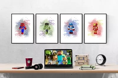 Minecraft Marvel Avengers Set Of 4 Prints Xbox PS5 Pictures Wall Art Poster • £6