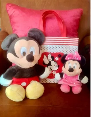 Disney Mickey Mouse & Minnie Mouse Plush Toy Figures With Minnie Tote Bag Bundle • £14.99