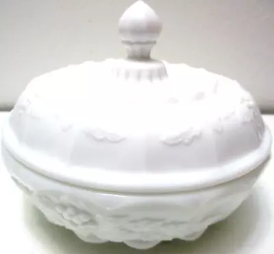 Vintage Westmoreland Glass Paneled Grape Candy Dish W Lid Milk Glass 6 1/2  D • $34.99