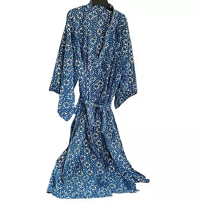 Salon Spa Robe Unisex One Size Indigo Blue Batik Floral Print Navy Paisley Stamp • $32.99