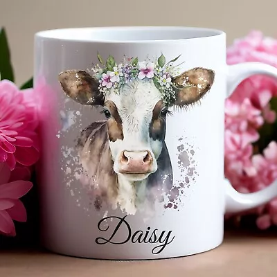 Personalised Cow Mug - Beautiful Floral Cow - Ceramic 11oz Mug • £5.99