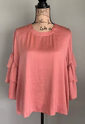 VIOLET + CLAIRE Size XL Coral Pink Salmon Satin Blouse Ruffle Wide Sleeves Loose • $15