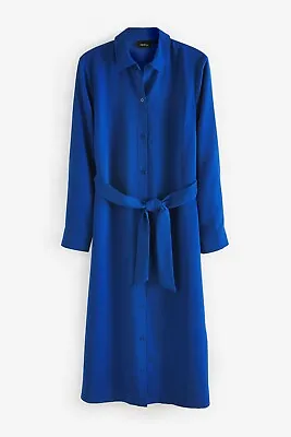 £19.99 • Buy NEXT Cobalt Blue Crepe Belted Midi Shirt Dress Size 14-16 NWT Office Formal Work