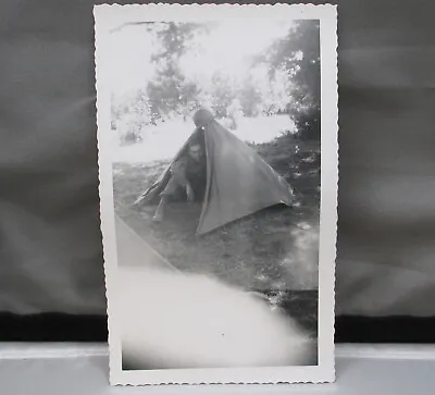 Vintage Summer August 1957 Photo Military Soldier Army Camp Drum Tent Helmet • $12