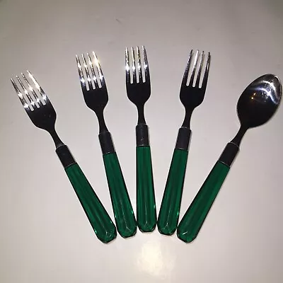 Vintage MCM Emerald Green Acrylic Forks & Spoon Stainless Silverware 5 Piece Set • $19.95