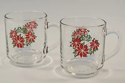 Vintage Luminarc Glass Coffee Tea Cup Mug Poinsettia Basket Christmas Set Of 2 • $9.99