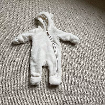 BABY H&M 1-2 Months Cream Teddy Bear Fleece All In One Pram Suit • £3