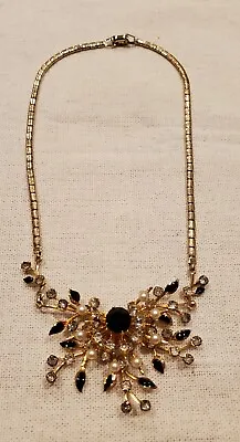 Vintage  Coro  15  Rhinestone Choker Necklace Goldtone W/black/clear/faux Pearl • $28.95