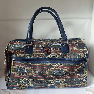 VINTAGE TAPESTRY CARPET BAG Blue Multicoloured Geometric Holdall Medium • £18.95