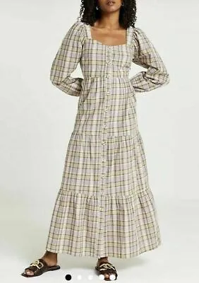 River Island Beige Lilac Dress Check Maxi Dress Tiered Boho Puff Sleeve UK 16 • £13.90