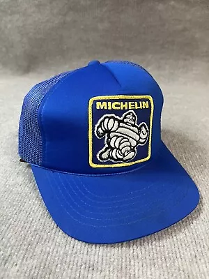 Vtg 80s 90s Michelin Snapback Trucker Hat Patch Cap Garage Tires Blue Youngan YA • $24.99