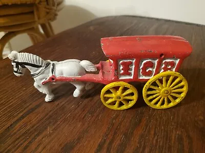 Vintage Cast Iron White Horse Drawn Red Ice Cart Buggy Wagon Toy • $20