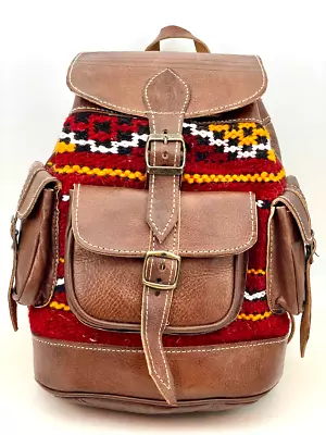 Handcrafted Moroccan Leather Bag Backpack Boho Chic Kilim Carpet Rug Small • $85