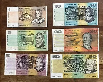 Australia Paper Banknotes Set Of $1 $2 $5 $10 $20 & $50 • $125