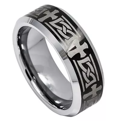 Tungsten Ring Band Beveled Edge Ring With Celtic Cross Engraved For Men & Women • $35.40