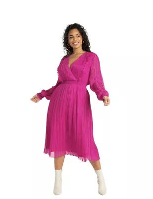 ELOQUII Barbiecore Ella Pleated Power Midi Dress Plus Size 22 Balloon Sleeve EUC • $39