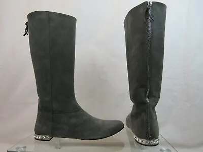 New Miu Miu Prada Gray Suede Crystal Jeweled Heel Zip Tall  Boots 39.5 Italy • $475