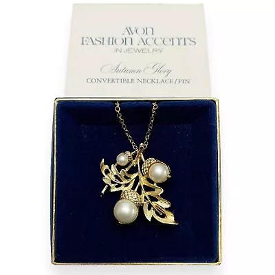 Vintage Avon Autumn Glory Acorn Pendant Necklace Brooch Goldtone Faux Pearl • $24.99