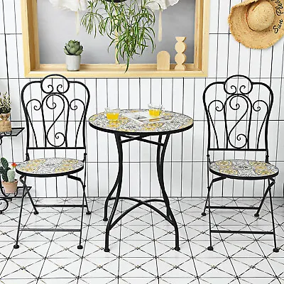 3 Piece Patio Bistro Set Mosaic Metal Dining Set Garden Table And Folding Chairs • £134.95