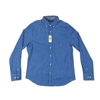 NWT Nautica Men's Medium Cotton Blue Check Long Sleeve Shirt Pocket Logo $69.50 • $15.95