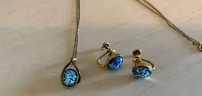 Van Dell Signed 1/20 12k Gold Filled Fiery Blue Opal Necklace & Earrings Set Wow • $78.90