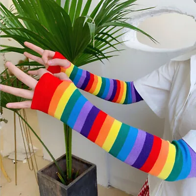 $5.20 • Buy Women Harajuku Fingerless Arm Sleeve Warmer Rainbow Colored Gloves BS