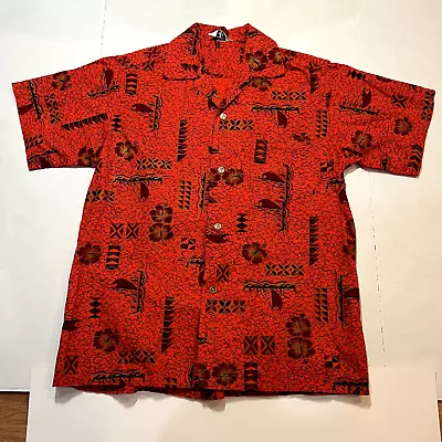 Vintage Red Hawaiian Shirt Made In Hawaii - Hibiscus And Boats Ui-Maikai RARE • $19.99