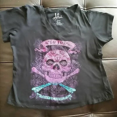 Womens LA Ink Black/Pink Graffic T-shirt Sz 0 (Zero) Sugar Skull Cross Bones  • $7.99