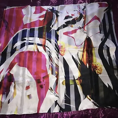 New 100% Silk Habotai Square Scarf 33”x35” Miel Abstract Red Pink Back White • $14.99