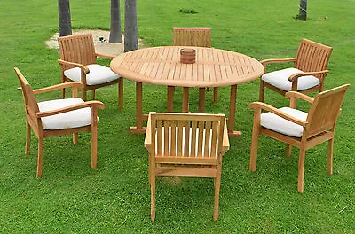 7 Pc Outdoor Dining Teak Patio Pool Set - 72  Round Table 6 Stacking Arm Chairs • $4202