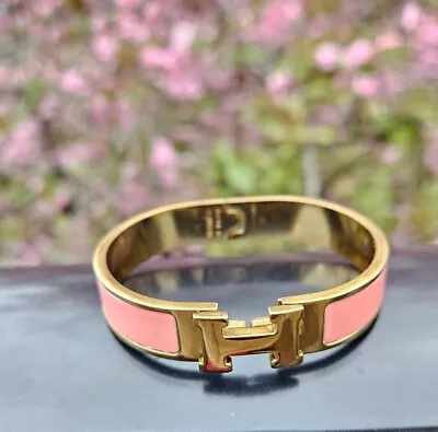 Hermes Designer Clic Clac H Pink Enamel  Gold Cuff Bangle Trendy Bracelet • $299