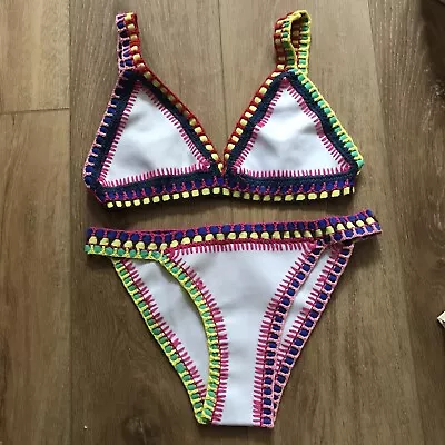 White & Colourful 2Pc Bikini Swim Wear Hand Crotchet Style S 8 10 NEW Unique NEW • £12